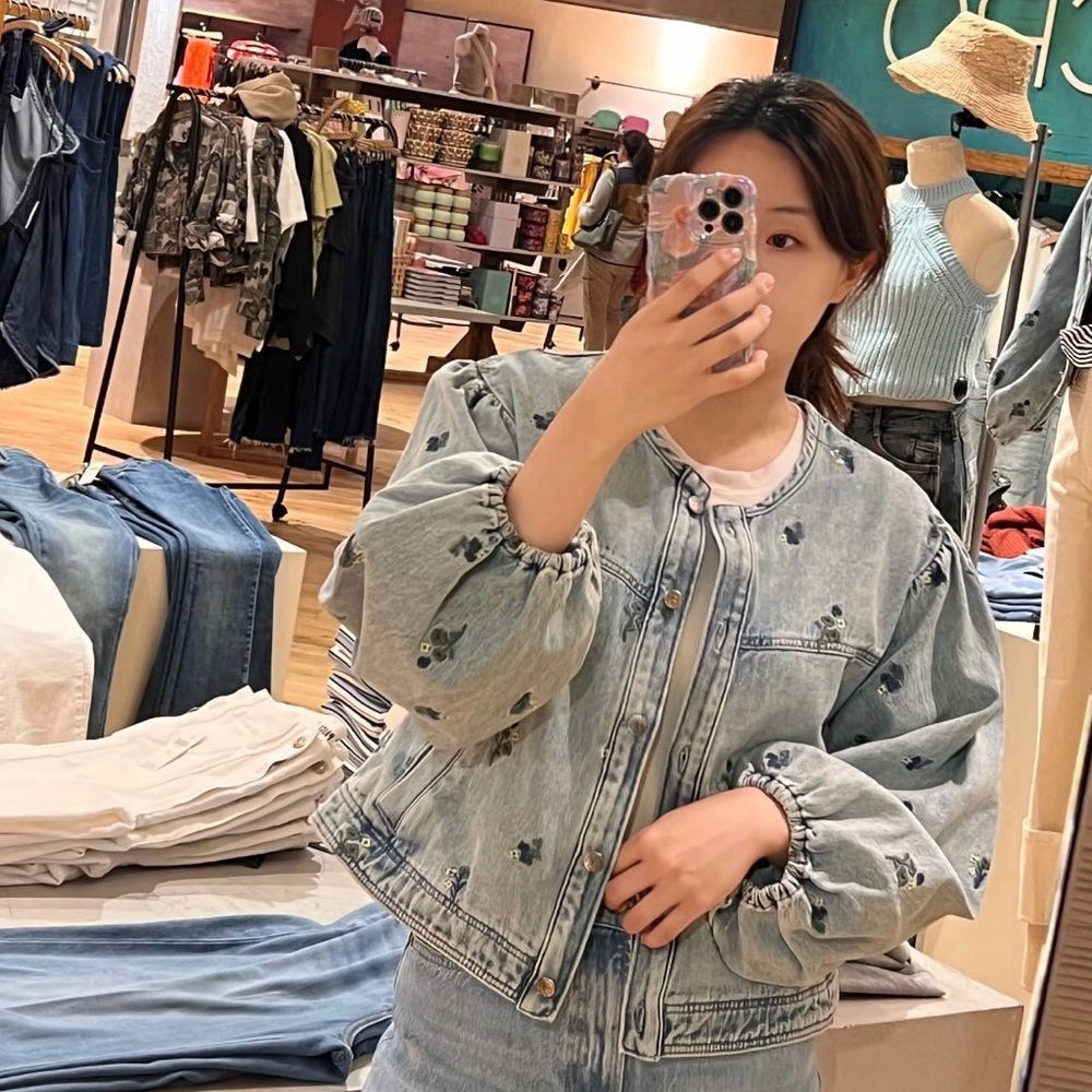 Pilcro Blue Denim Jacket with Floral Details